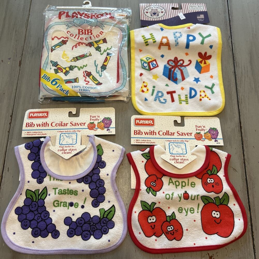 New Vintage Playskool Baby Terry Bibs 6 Pack Tie Back Primary Colors NOS